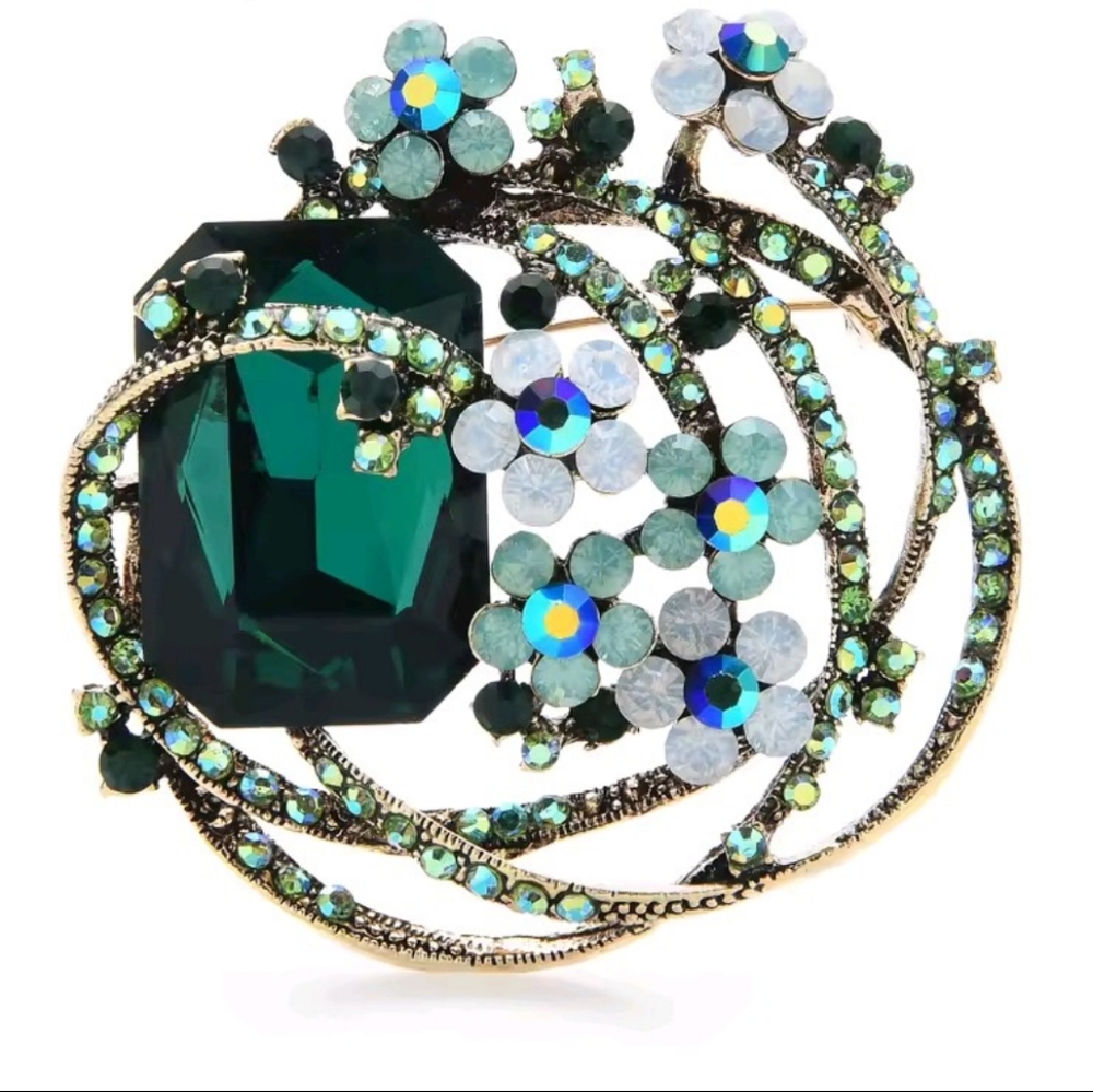 Elegant Goldplated Faux Emerald Green Floral Multicolored CZ Embellished Brooch